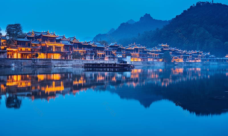 凤凰古城水天一色傍晚风景,高清,摄影图,摄影图片,图片大全,摄影图免费下载
